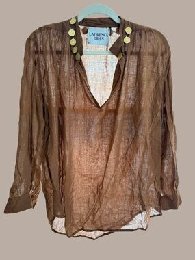 Laurence Bras Summer 2022 Tan 100% Cotton Blouse with Coin Accents 34